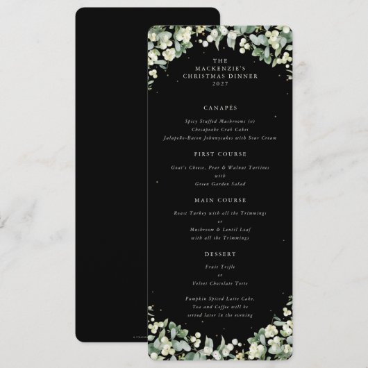 Zwart Snowberry Kerstdiner Flat 4 gangen Menu (Voorkant / Achterkant)
