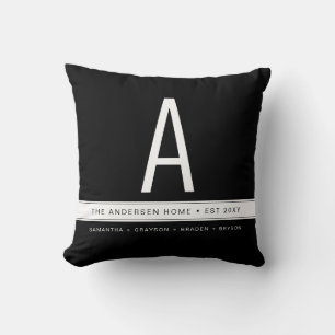 Zwart Solid Color Modern Family Monogram Namen Kussen