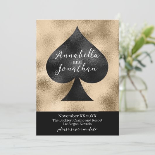 Zwart spade op goud save the date (Staand voorkant)