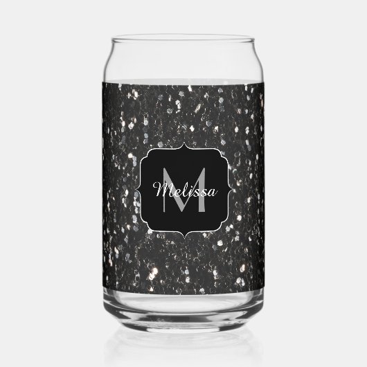 Zwart sparkles girly bling Custom Monogram Blikvorm Glas (Achterkant)