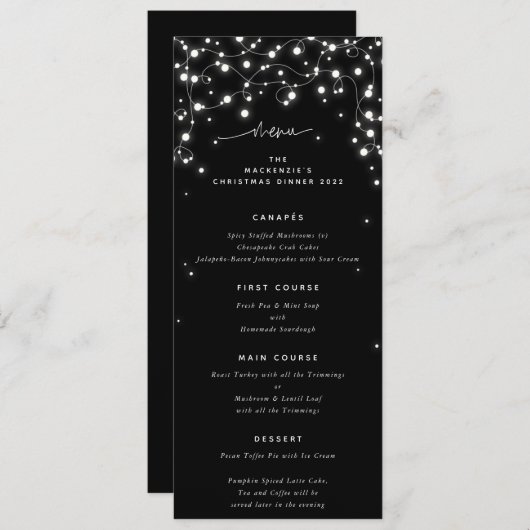 Zwart Sparkling Lights Kerst Flat 4 Cursus Menu (Voorkant / Achterkant)