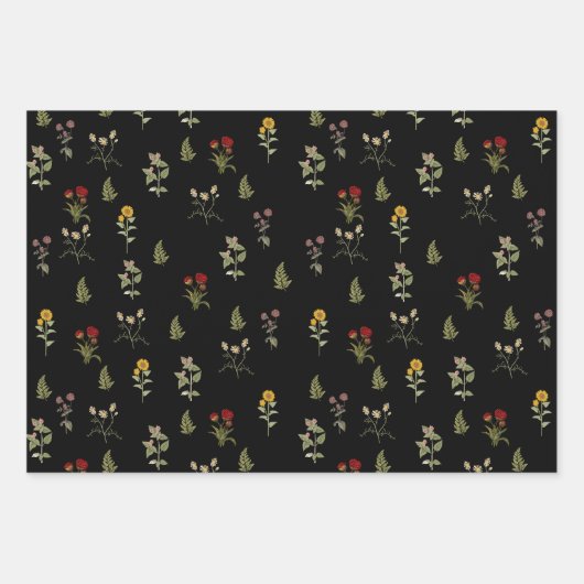Zwart  Spring Wildflower Pattern Inpakpapier Vel (Voorkant 2)
