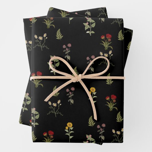 Zwart  Spring Wildflower Pattern Inpakpapier Vel (In situ)