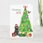 Zwart Standaard Poedelhond, Vogel en Kerstboom Feestdagen Kaart (Voorkant)