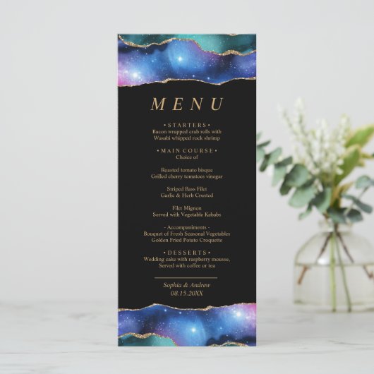 Zwart & sterren Blue Gold Calligraphy WeddenMenu Menu (Staand voorkant)
