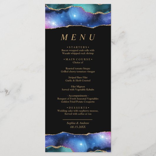Zwart & sterren Blue Gold Calligraphy WeddenMenu Menu (Voorkant)