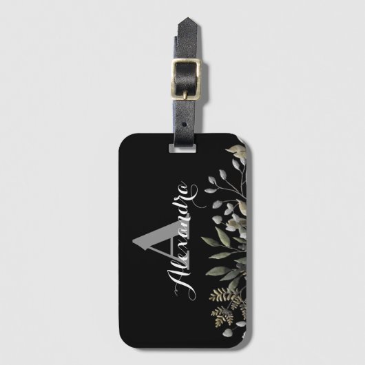 Zwart stijlvol monogrammen botanisch Bagagelabel (Voorkant (verticaal))