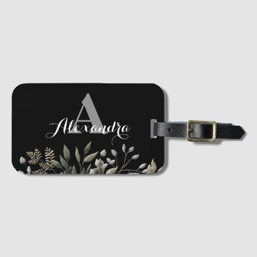 Zwart stijlvol monogrammen botanisch Bagagelabel (Voorkant (horizontaal))