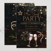 Zwart stijlvol Nieuwjaar Party uitnodiging (Voorkant / Achterkant)