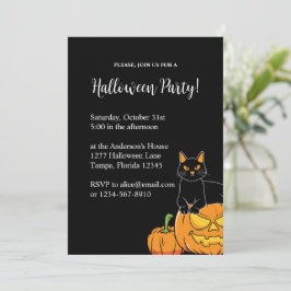 Zwart Stijlvolle Halloween Party Cat & Pumpkin Kaart