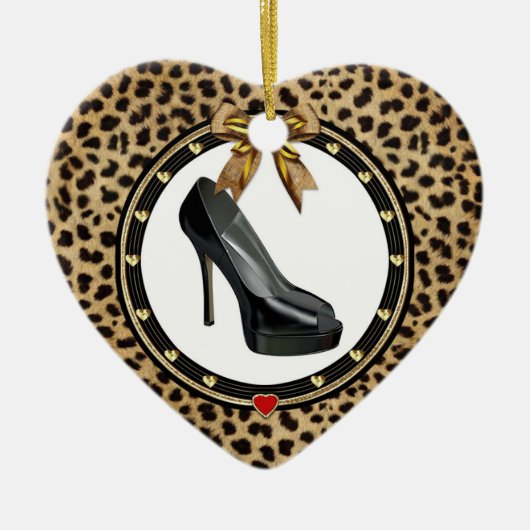 Zwart Stiletto Cheetah Gepersonaliseerd Ornament v (Voorkant)