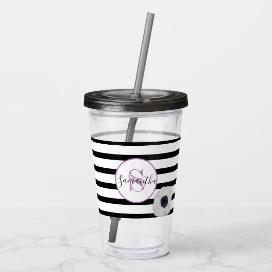 Zwart streep en Anemone Monogrammed Personalized Acryl Drinkbeker (Achterkant)
