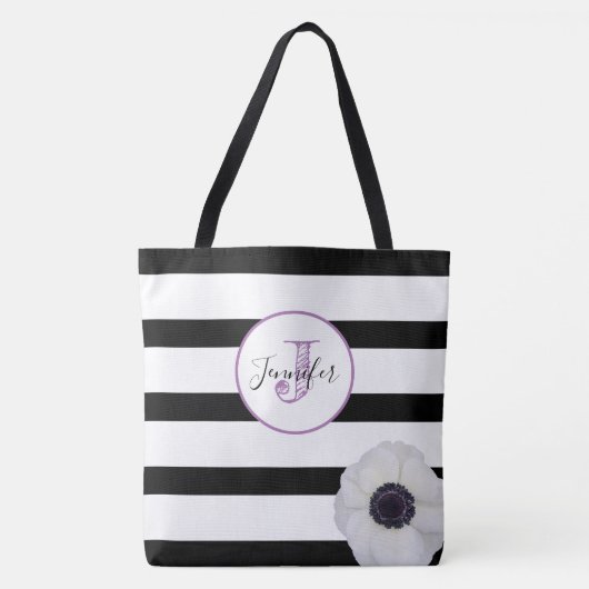 Zwart streep en Anemone Monogrammed Personalized Tote Bag (Voorkant)