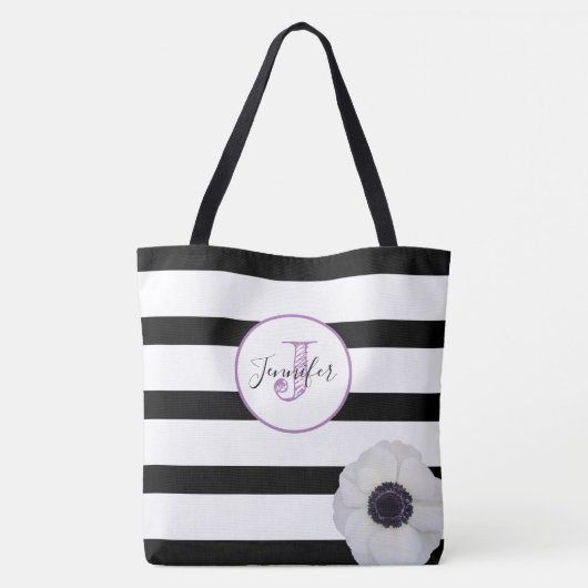 Zwart streep en Anemone Monogrammed Personalized Tote Bag (Achterkant)