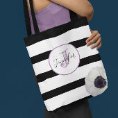 Zwart streep en Anemone Monogrammed Personalized Tote Bag