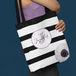 Zwart streep en Anemone Monogrammed Personalized Tote Bag