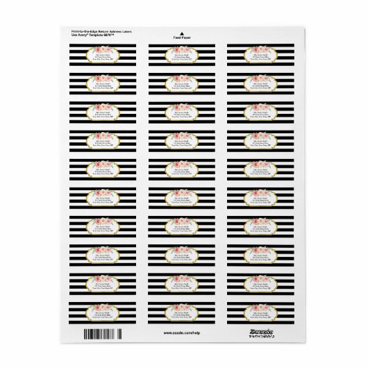 Zwart Streep Goud Roze Bloemen Retouradres Label (Full Sheet)