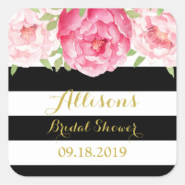 Zwart Streep Roze Bloemen Vrijgezellenfeest Favor  Vierkante Sticker