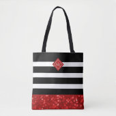 Zwart streeppatroon & Rode Glitter, Monogram Tote Bag (Voorkant)