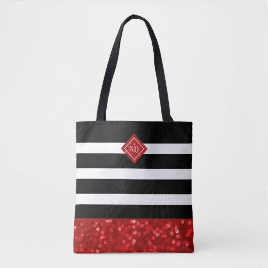 Zwart streeppatroon & Rode Glitter, Monogram Tote Bag (Voorkant)