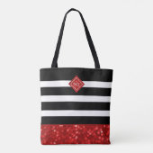 Zwart streeppatroon & Rode Glitter, Monogram Tote Bag (Achterkant)