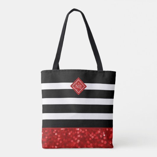 Zwart streeppatroon & Rode Glitter, Monogram Tote Bag (Achterkant)