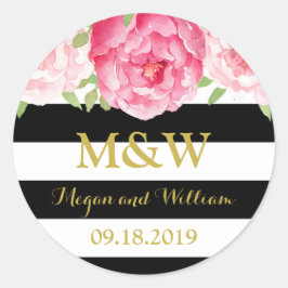 Zwart Strepen Bloemen Monogram Bruiloft Favor Labe Ronde Sticker