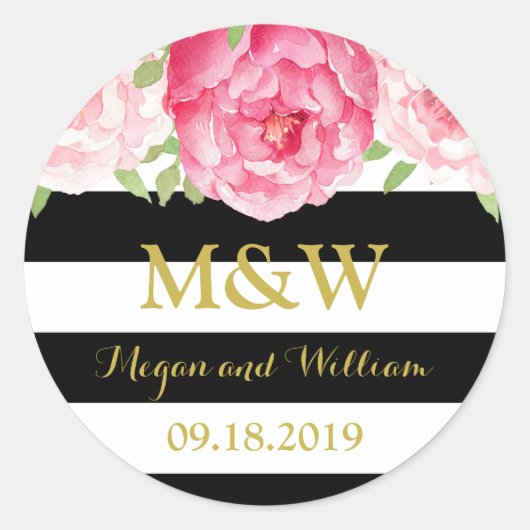 Zwart Strepen Bloemen Monogram Bruiloft Favor Labe Ronde Sticker (Voorkant)