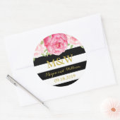 Zwart Strepen Bloemen Monogram Bruiloft Favor Labe Ronde Sticker (Envelop)