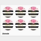 Zwart Strepen Bloemen Monogram Bruiloft Favor Labe Ronde Sticker (Vel)