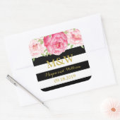 Zwart Strepen Bloemen Monogram Bruiloft Favor Labe Vierkante Sticker (Envelop)