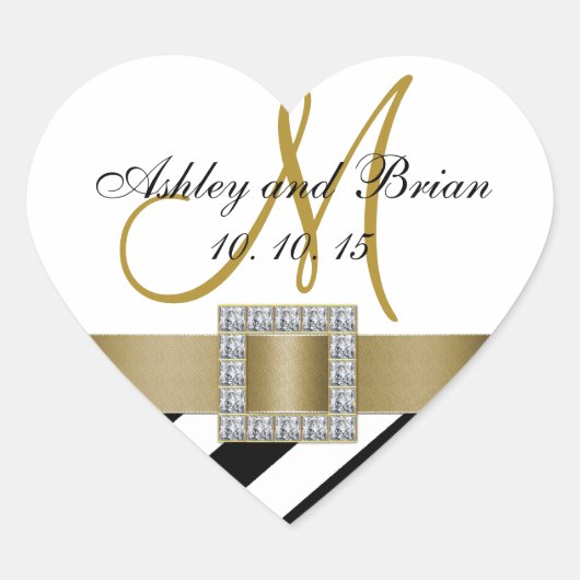Zwart Strepen Goud Lint Initiaal Trouwgunst Hart Sticker (Voorkant)