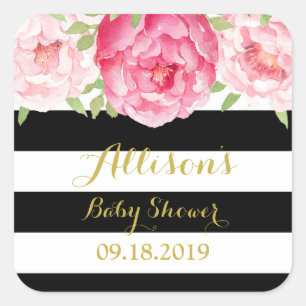 Zwart Strepen Roze Bloemen Baby shower Favor Tag Vierkante Sticker