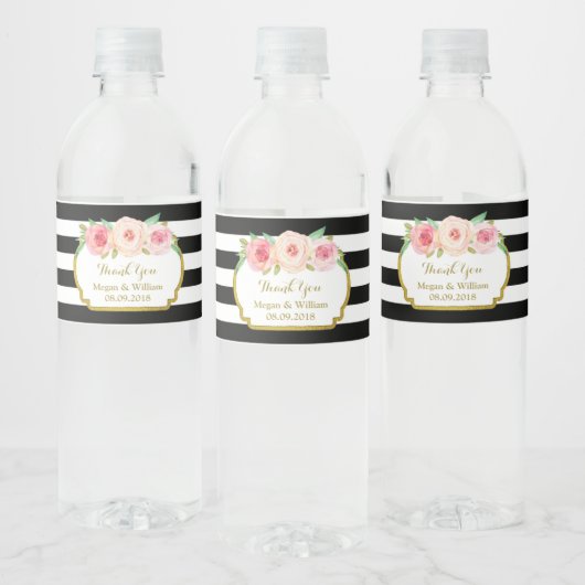 Zwart Strepen Roze Bloemen Gouden Waterflesje Labe Waterfles Etiket (Flessen)