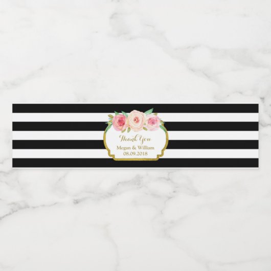 Zwart Strepen Roze Bloemen Gouden Waterflesje Labe Waterfles Etiket (Enkel label)