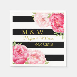 Zwart Strepen Roze Waterverf Bruiloft Monogram Servetten