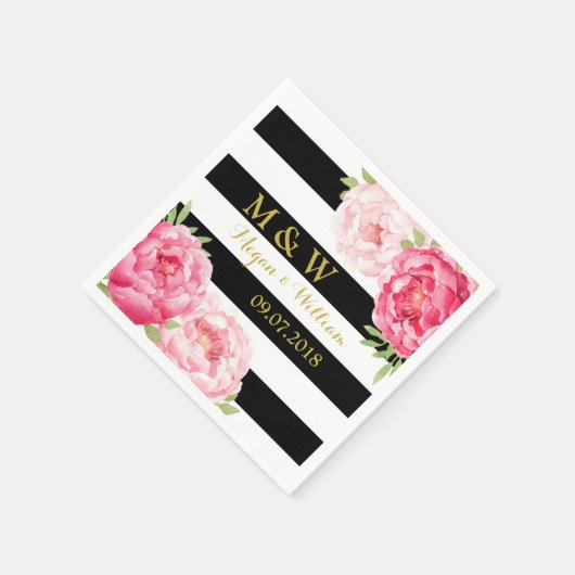 Zwart Strepen Roze Waterverf Bruiloft Monogram Servetten (Hoek)