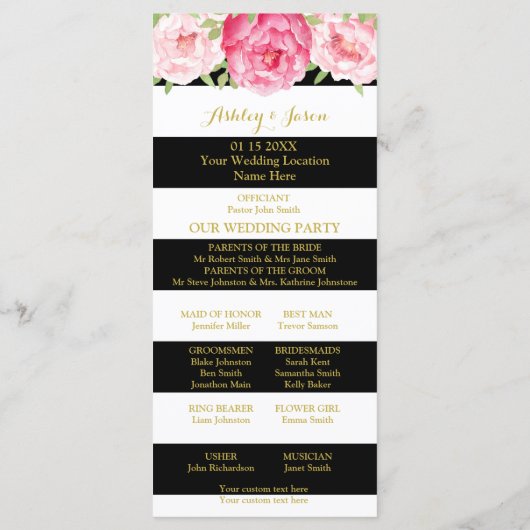 Zwart Strepen Roze Waterverf Trouwprogramma Programmakaart (Achterkant)