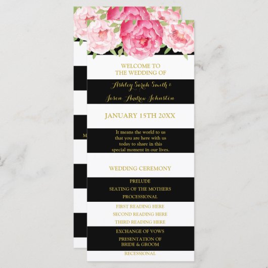 Zwart Strepen Roze Waterverf Trouwprogramma Programmakaart (Voorkant / Achterkant)
