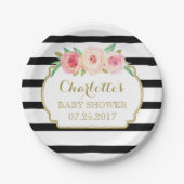 Zwart Stripes Goud Roze Bloemen Baby shower Bord (Voorkant)