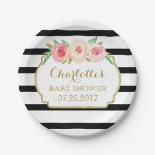 Zwart Stripes Goud Roze Bloemen Baby shower Bord