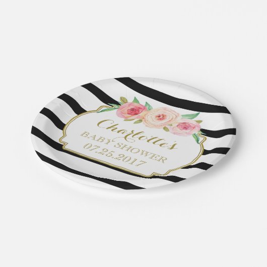 Zwart Stripes Goud Roze Bloemen Baby shower Bord (Gekanteld)
