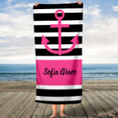 Zwart strippes roze handdoekje voor anker script badhanddoek