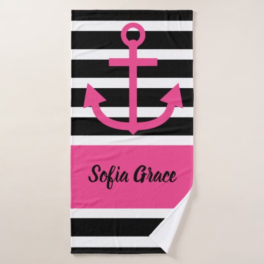 Zwart strippes roze handdoekje voor anker script badhanddoek (Badhanddoek)