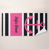 Zwart strippes roze handdoekje voor anker script badhanddoek (Badhanddoek)