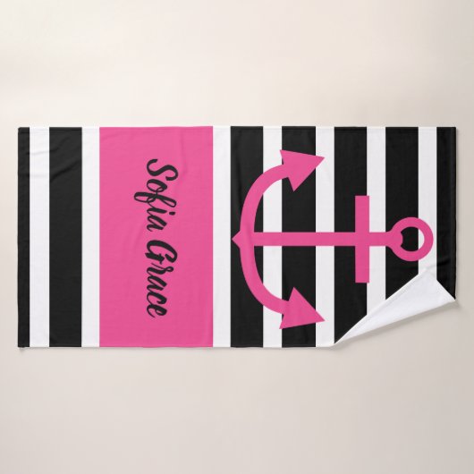 Zwart strippes roze handdoekje voor anker script badhanddoek (Badhanddoek)