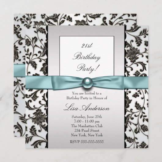 Zwart Stropdas Damask Vrouwen Verjaardagsfeest Kaart (Voorkant / Achterkant)