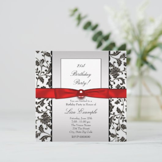 Zwart Stropdas Damask Vrouwen Verjaardagsfeest Kaart (Staand voorkant)