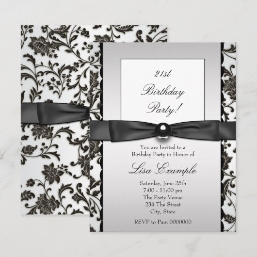 Zwart Stropdas Damask Vrouwen Verjaardagsfeest Kaart (Voorkant / Achterkant)