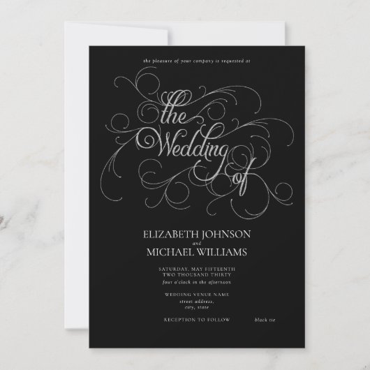 Zwart Stropdas Elegant Black & Silver Script Wedde Kaart (Voorkant)